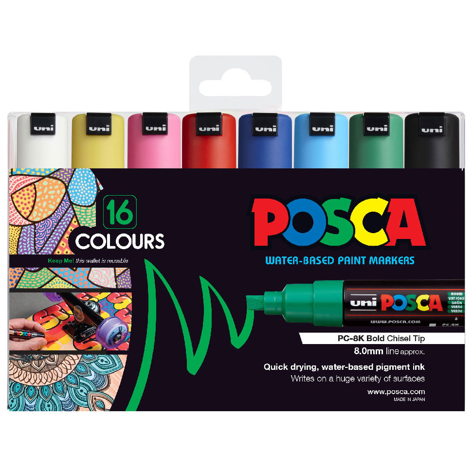 Uni Posca Marker 8.0mm Bold Chisel 16 Pack Assorted PC-8K - Cafe Supply