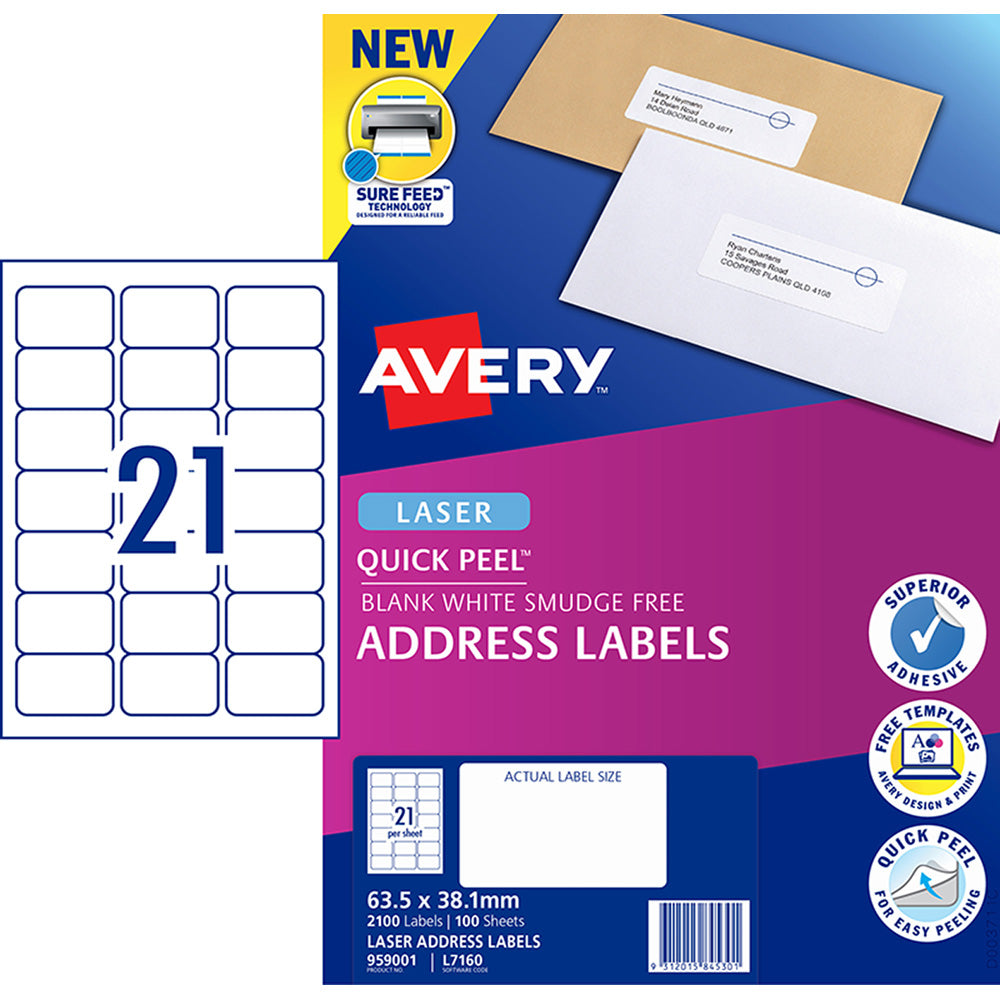 Avery Label L7160-100 Quick Peel 63.5x38.1mm 21up 100 Sheets