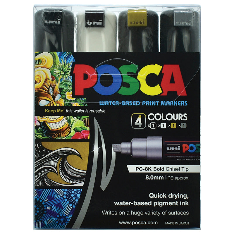 Uni Posca Marker 8.0mm Bold Chisel 4 Pack Black White Gold Silver PC-8K - Cafe Supply