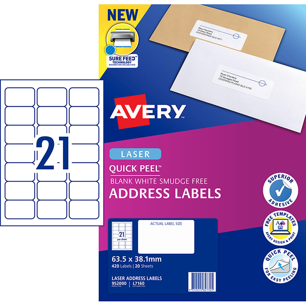 Avery Label L7160-20 Laser 21up 20 Sheets 63x38mm