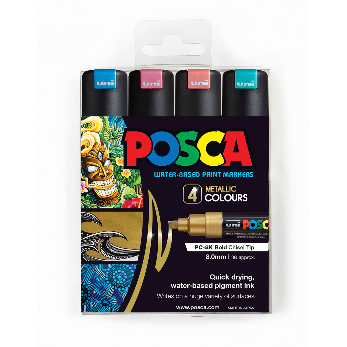 Uni Posca Marker 8.0mm Bold Chisel 4 Pack Metallic PC-8K - Cafe Supply