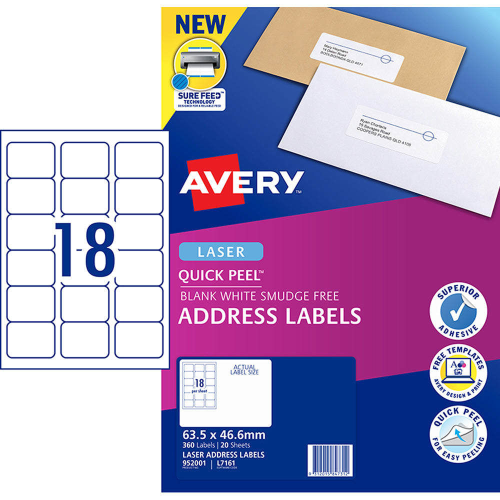 Avery Label L7161-20 Laser 18up 20 Sheets 63x46mm