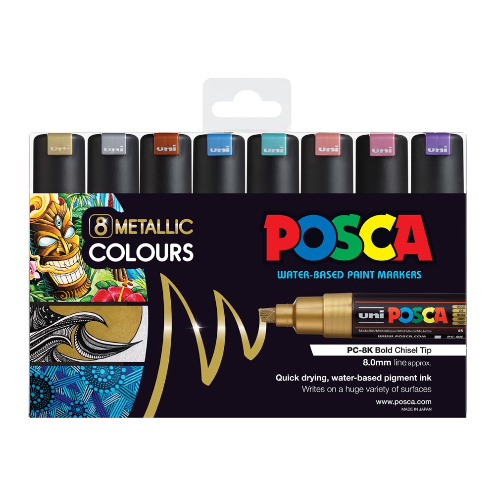 Uni Posca Marker 8.0mm Bold Chisel 8 Pack Metallic PC-8K - Cafe Supply