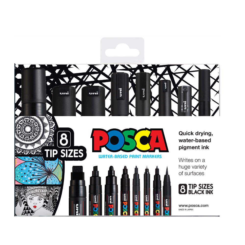 Uni Posca Marker Black Set Pack of 8 Tip Sizes - Cafe Supply