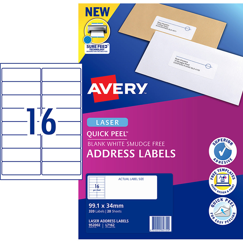 Avery Label L7162-20 Laser 16up 20 Sheets 99x34mm