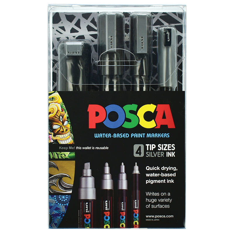 Uni Posca Marker Silver Set Pack of 4 Tip Sizes - Cafe Supply