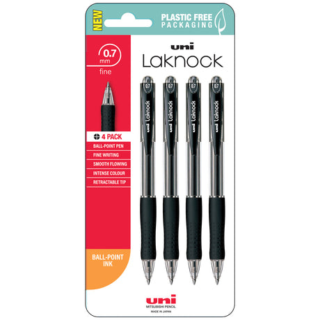 Uni Laknock 0.7mm Fine Retractable Black Hangsell Pk4 - Cafe Supply