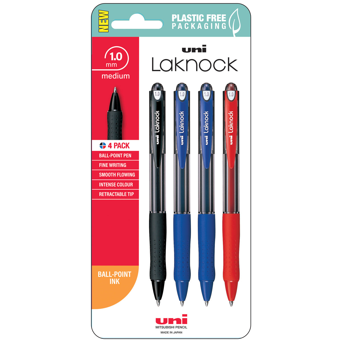 Uni Laknock 1.0mm Medium Retractable Assorted Hangsell Pk4 - Cafe Supply