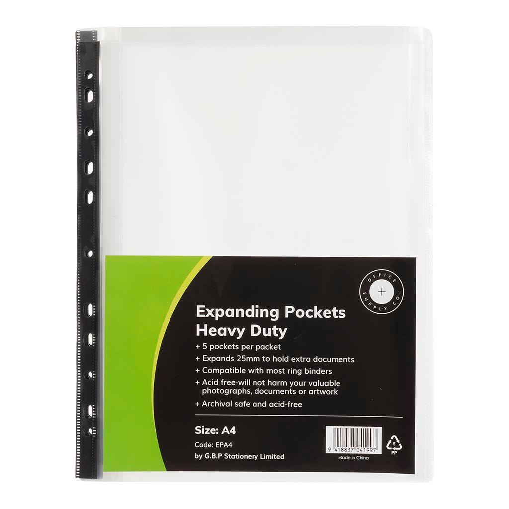 OSC Copysafe Pockets Heavy Duty Expanding A4, Pack of 5 - Cafe Supply