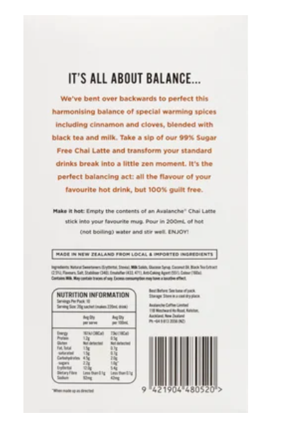 Avalanche 99% Sugar Free Chai Latte Coffee Sticks 10 x 20g - Cafe Supply