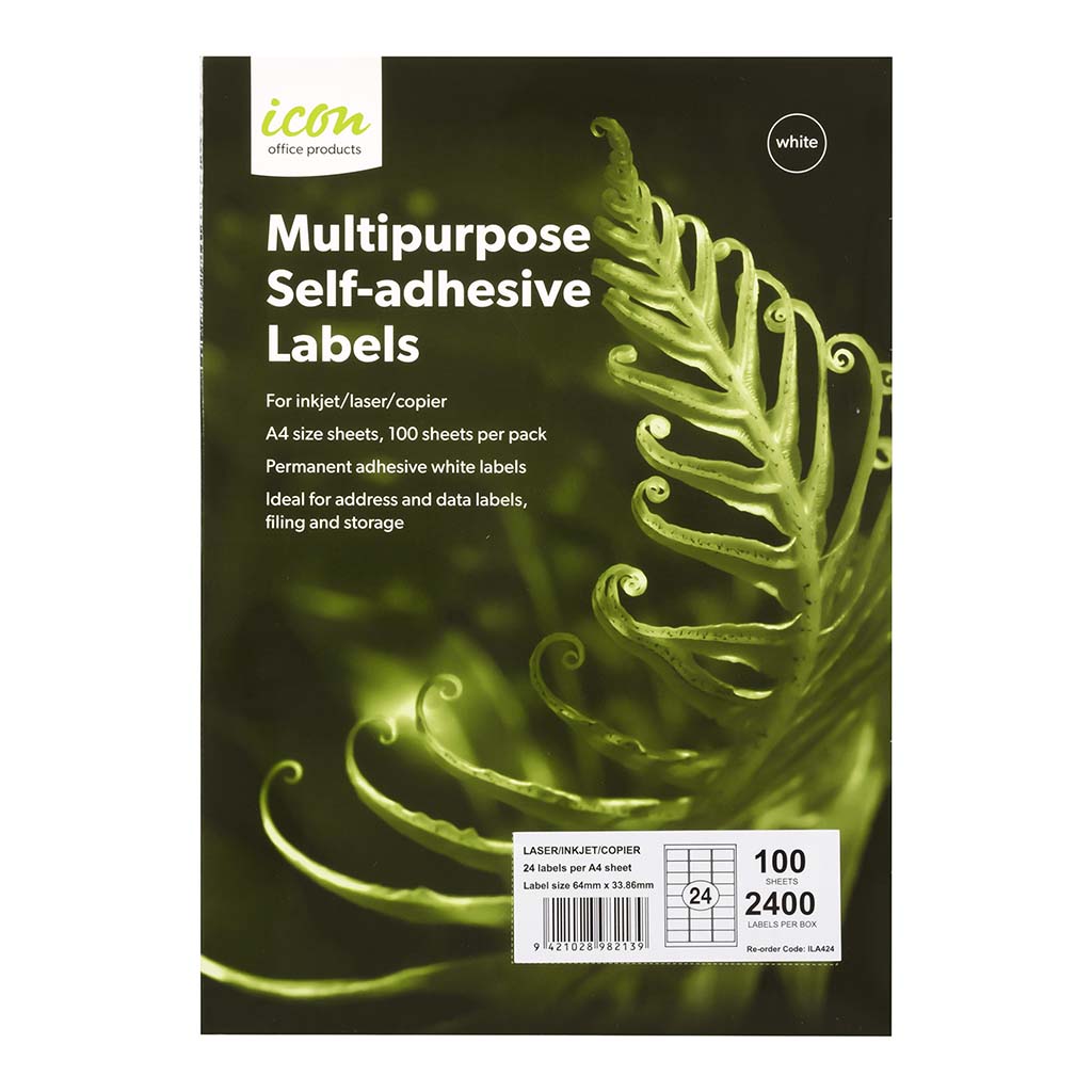 Icon Multipurpose Labels 24 Per Sheet 64x33.86mm, Pack of 100 - Cafe Supply