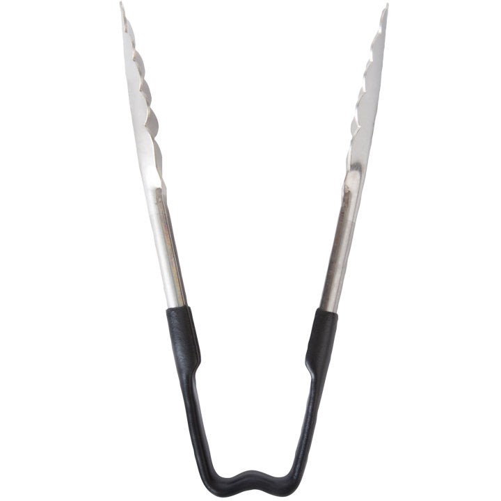 6-inch stainless steel one-piece scalloped tongs with black Kool-Touch® handle - Cafe Supply