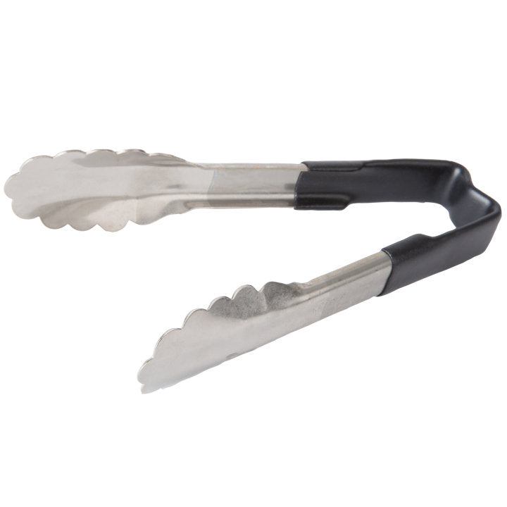 6-inch stainless steel one-piece scalloped tongs with black Kool-Touch® handle - Cafe Supply