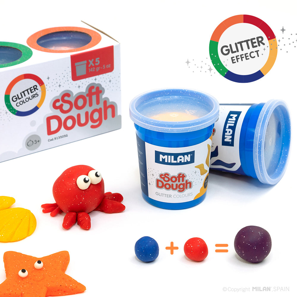Milan Soft Dough Glitter Colours Assorted Pack 5 - Cafe Supply