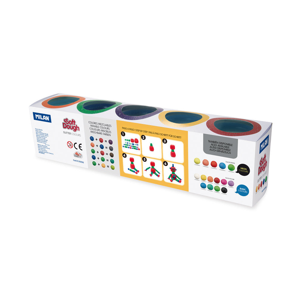 Milan Soft Dough Glitter Colours Assorted Pack 5 - Cafe Supply