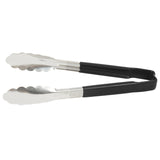 9 ½-inch stainless steel one-piece scalloped tongs with black Kool-Touch® handle - Cafe Supply