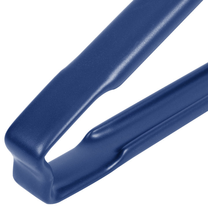9 ½-inch stainless steel one-piece scalloped tongs with blue Kool-Touch® handle - Cafe Supply