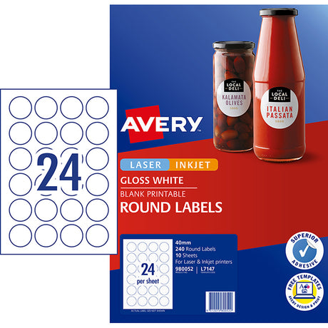 Avery Label L7147 White Gloss Round 40mm 24up 10 Sheets - Cafe Supply