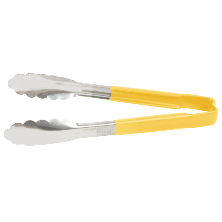 9 ½-inch stainless steel one-piece scalloped tongs with yellow Kool-Touch® handle - Cafe Supply
