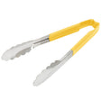 9 ½-inch stainless steel one-piece scalloped tongs with yellow Kool-Touch® handle - Cafe Supply