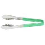 9 ½-inch stainless steel one-piece scalloped tongs with green Kool-Touch® handle - Cafe Supply
