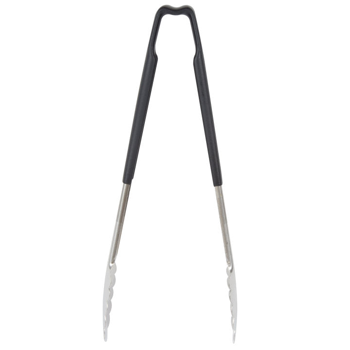 12-inch stainless steel one-piece scalloped tongs with black Kool-Touch® handle - Cafe Supply