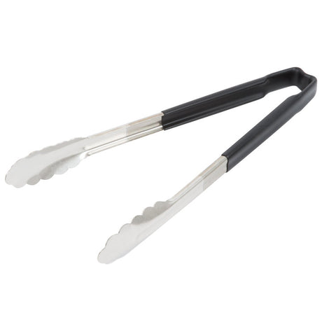 12-inch stainless steel one-piece scalloped tongs with black Kool-Touch® handle - Cafe Supply