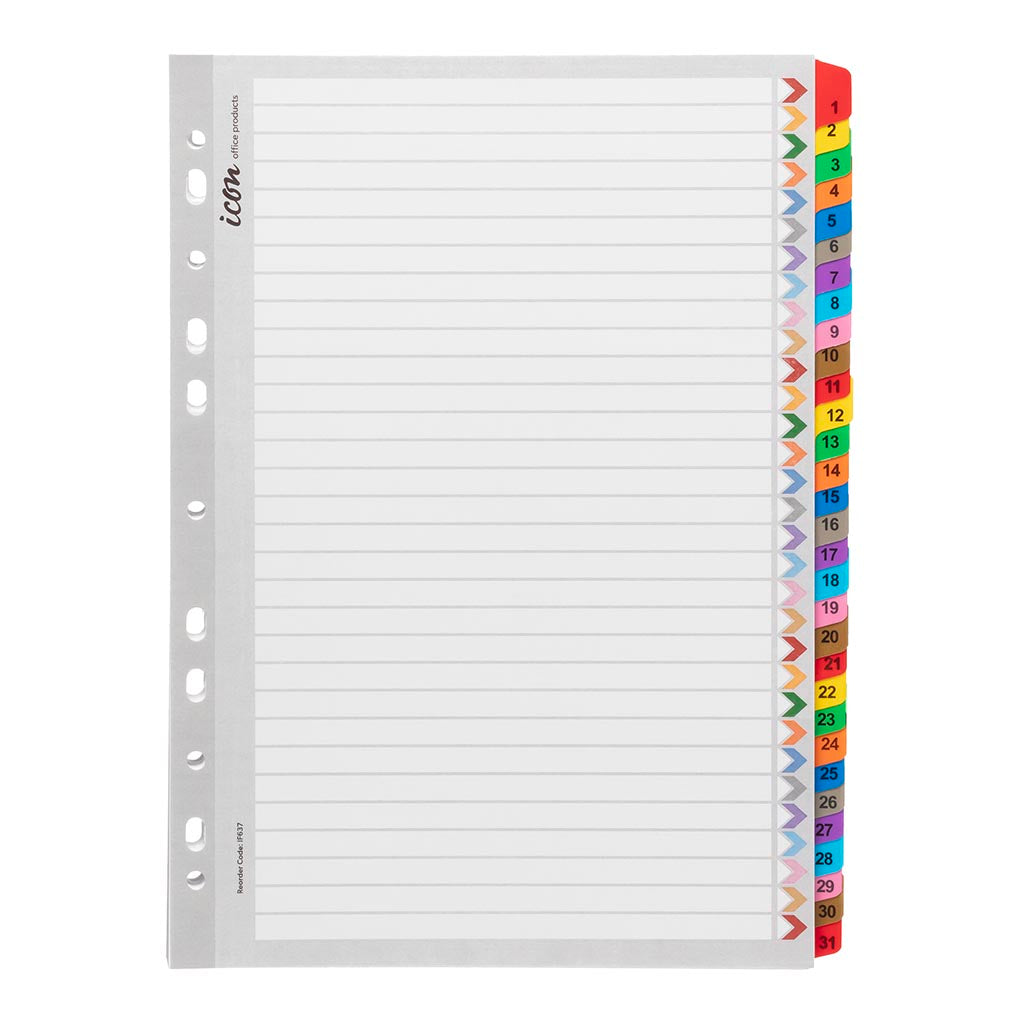 Icon Cardboard Indices with Reinforced Tabs 1-31 Coloured - Cafe Supply