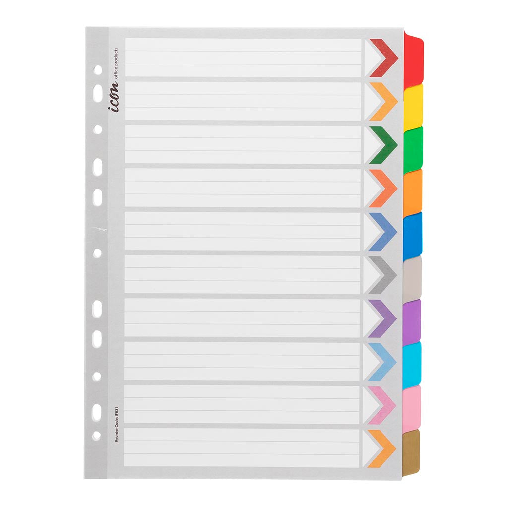 Icon Cardboard Dividers with Reinforced Tabs 10 Tab Coloured - Cafe Supply