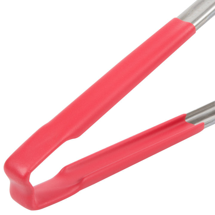 12-inch stainless steel one-piece scalloped tongs with red Kool-Touch® handle - Cafe Supply