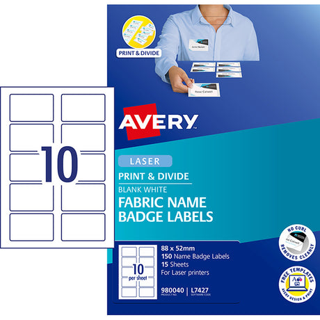 Avery Name Badge L7427 Fabric Laser 88x52mm 10up 15 Sheets - Cafe Supply