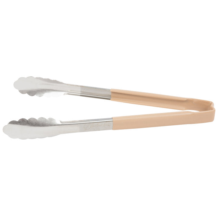 12-inch stainless steel one-piece scalloped tongs with tan Kool-Touch® handle - Cafe Supply