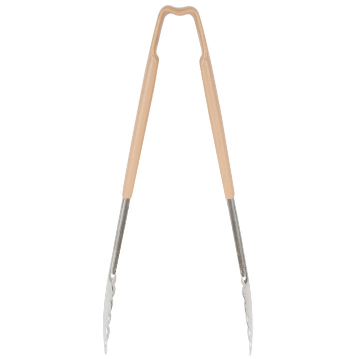 12-inch stainless steel one-piece scalloped tongs with tan Kool-Touch® handle - Cafe Supply