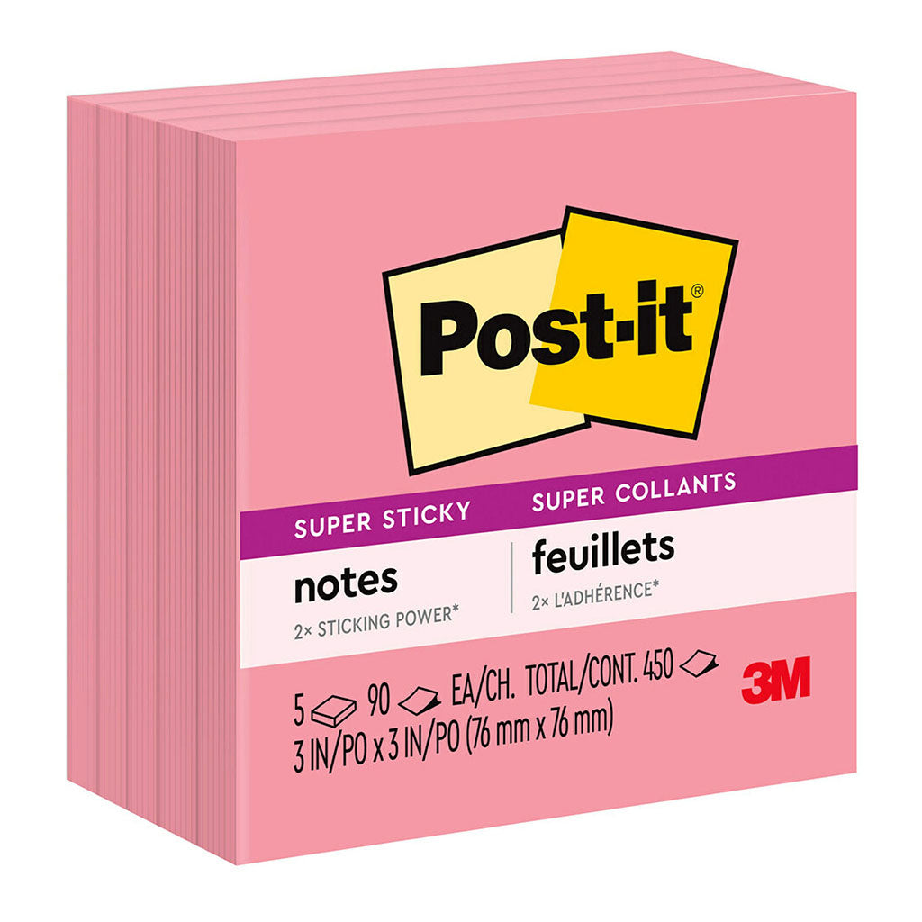 Post-it Super Sticky Notes 654-5SSNP 76x76mm Neon Pink, Pack of 5 - Cafe Supply