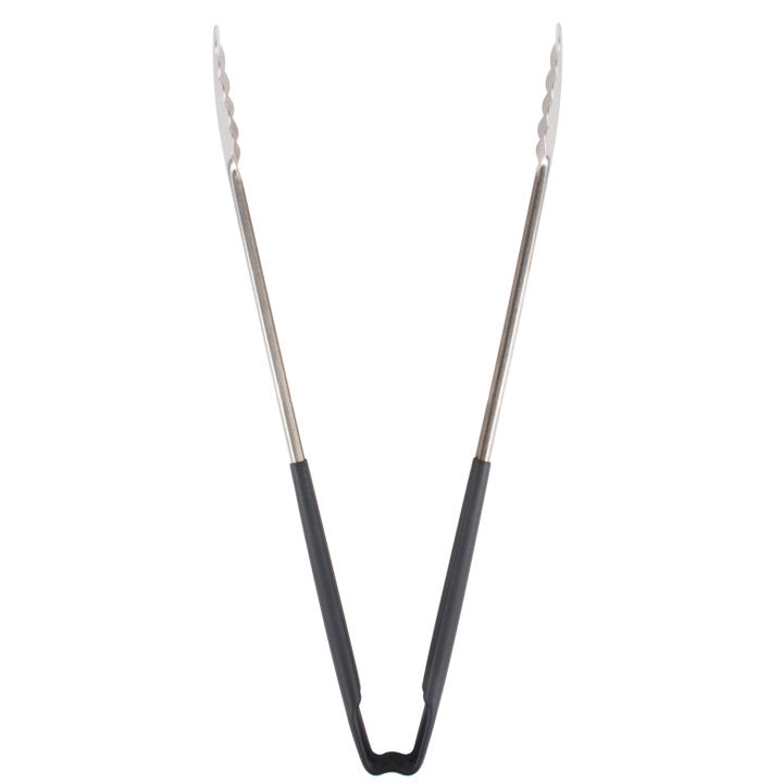 16-inch stainless steel one-piece scalloped tongs with black Kool-Touch® handle - Cafe Supply