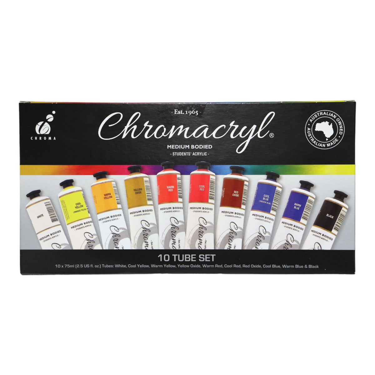 Chromacryl Acrylic Paint Student 10 X 75ml Set - Cafe Supply