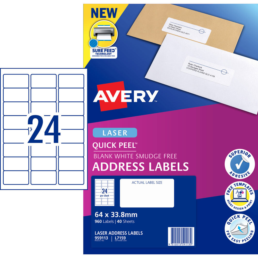 Avery Quick Peel Address Labels L7159 White 64x33.8 24up 40 Sheet - Cafe Supply