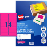 Avery Shipping Label L7163FP Flo Pink Laser 99.1x38.1mm 14up 25 Sheets - Cafe Supply