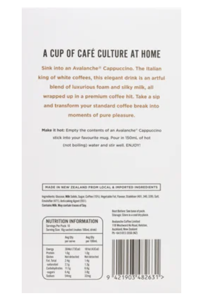 Avalanche Cappuccino Coffee Sticks 10 x 16g - Cafe Supply