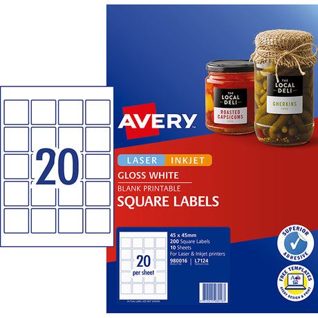 Avery Square Glossy Labels L7124 10 Sheets 20up 45x45mm - Cafe Supply