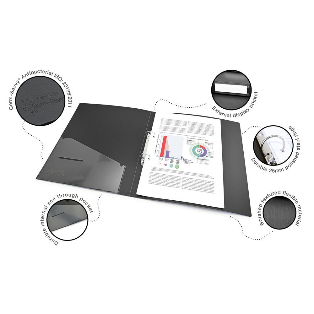 Rapesco Germ-Savvy Antibacterial A4 PP Ring Binder 2/35 Black - Cafe Supply