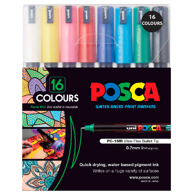 Uni Posca Marker 0.7mm Ultra-Fine Pin Tip 16 Pack Assorted PC-1MR - Cafe Supply