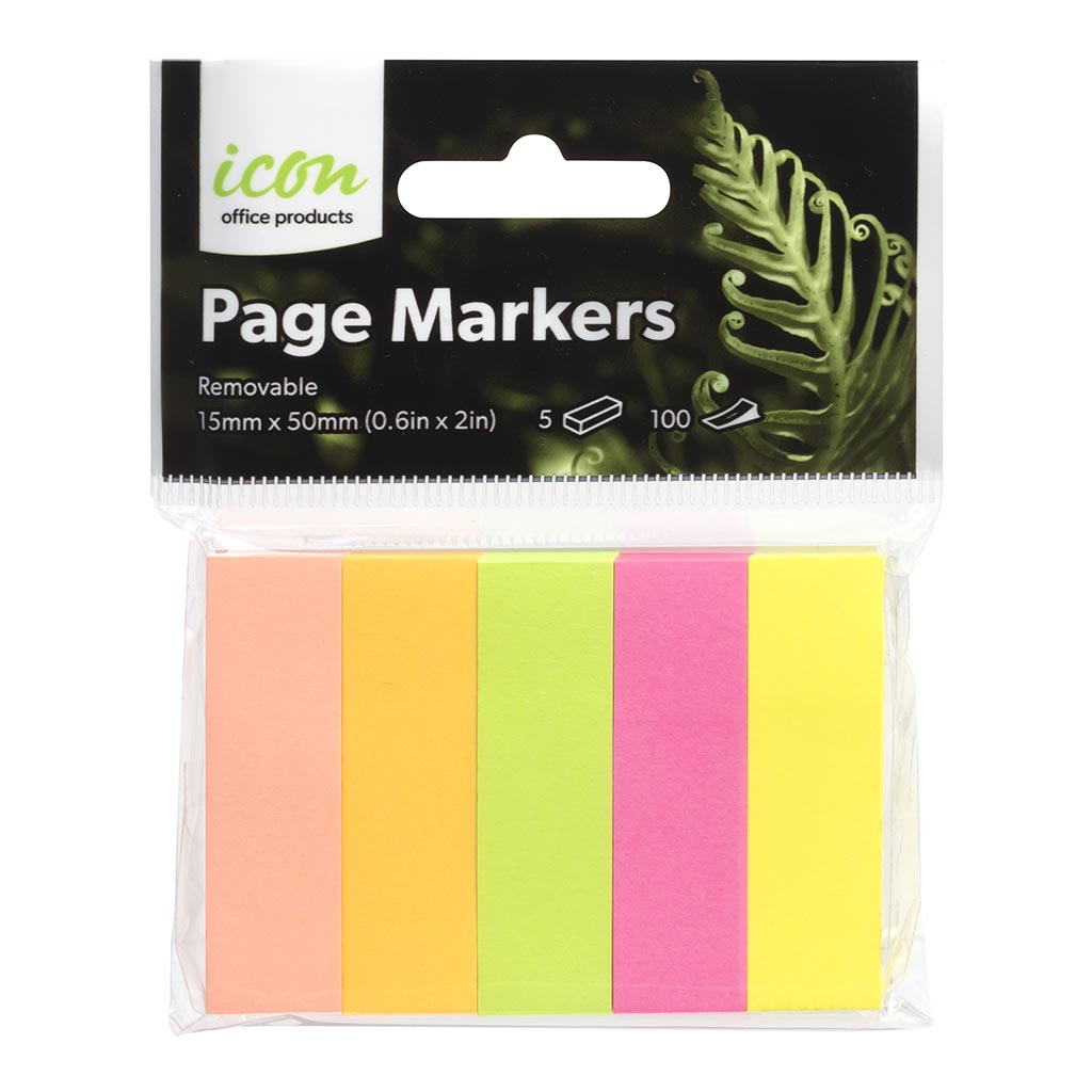 Icon Page Markers 15mm x 50mm Neon 5 Pack - Cafe Supply
