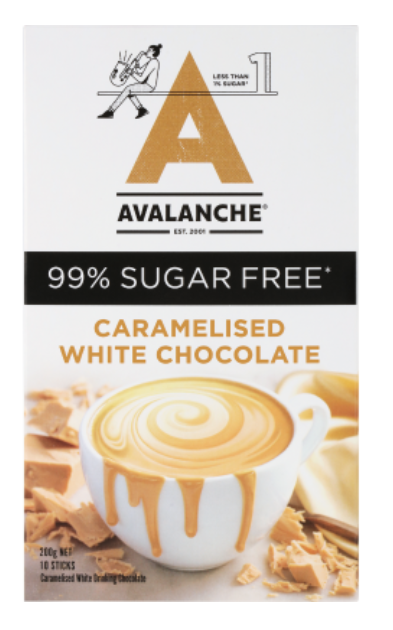 Avalanche 99% Sugar Free Caramelised White Choc Drinking Chocolate Sticks 10 x 20g - Cafe Supply