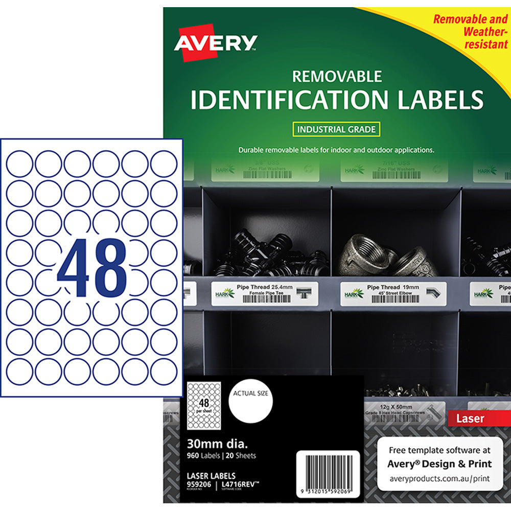 Avery Weather Resistant Removable Label L4716 Laser 30mm White 48up 20 Sheets - Cafe Supply