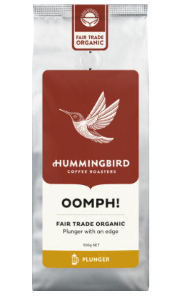 Hummingbird Oomph! Fair Trade Organic Fresh Plunger Grind Coffee 500g - Cafe Supply