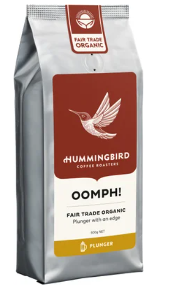 Hummingbird Oomph! Fair Trade Organic Fresh Plunger Grind Coffee 500g - Cafe Supply