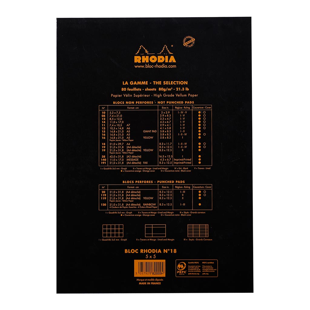 Rhodia Bloc Pad No. 18 A4 Grid Black - Cafe Supply