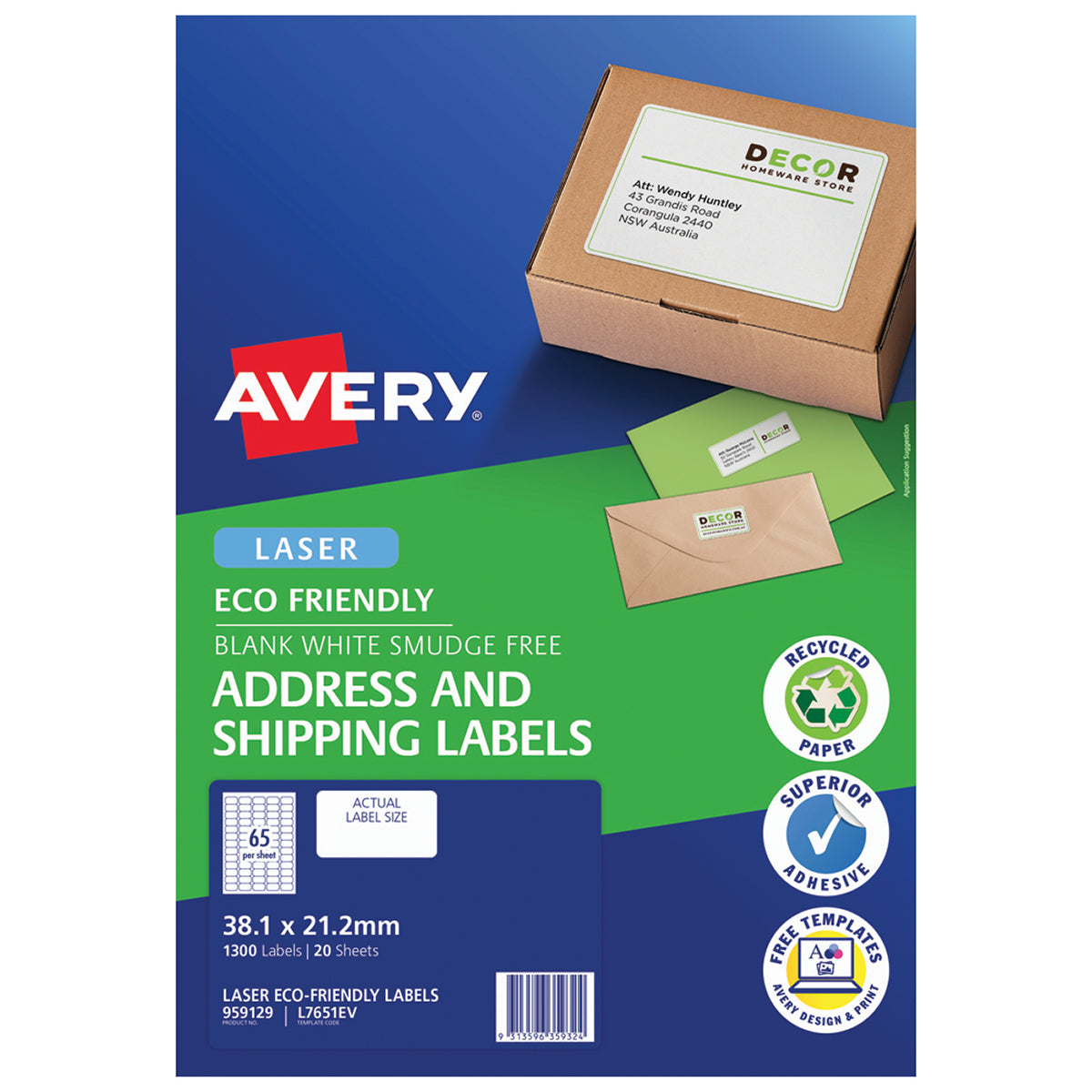 Avery Eco Friendly Address Labels 38.1x21.2mm 65up 20 Sheets L7651EV - Cafe Supply