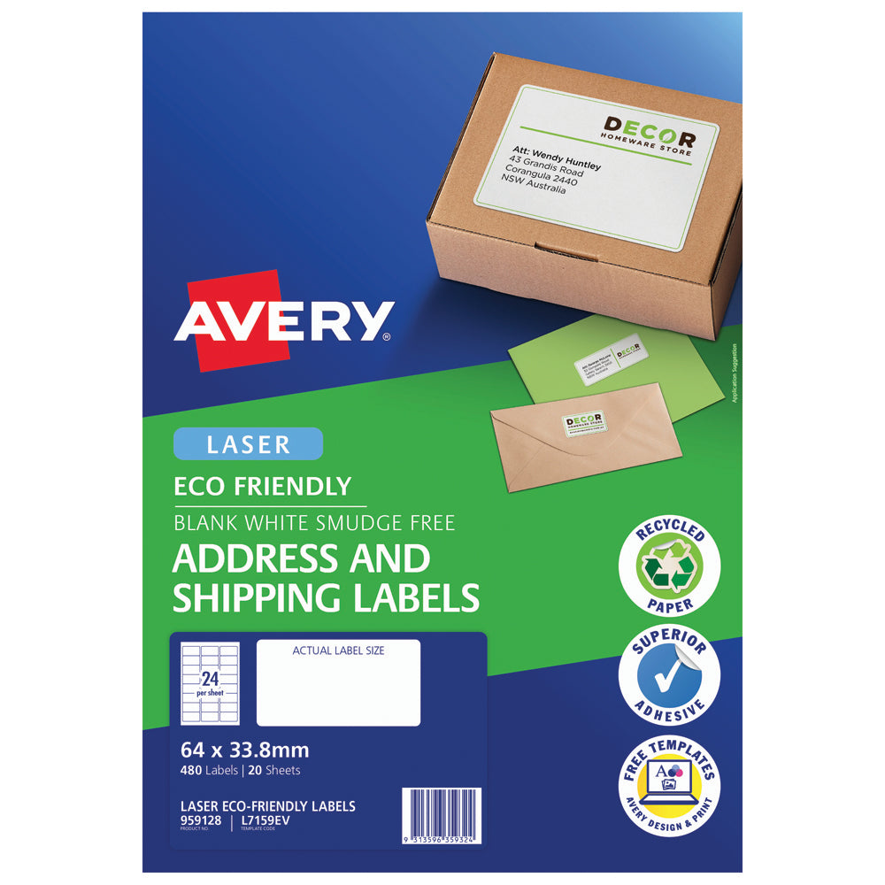Avery Eco Friendly Address Labels 64x33.8mm 24up 20 Sheets L7159EV - Cafe Supply